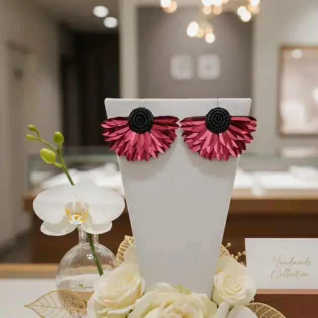 Handmade Beaded Flower Earrings-wine And Black Color