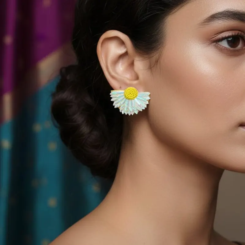 Handmade Beaded Flower Earrings-yellow And Blue Color