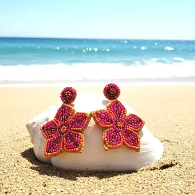 Handmade Pink Seed Beads Flower Earrings