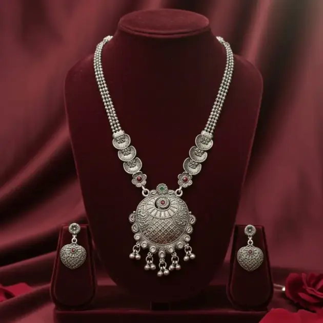 Maharani Oxidised Long Necklace Set With Matching Earrings