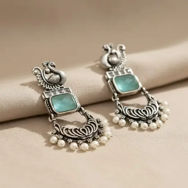 Mint Green Stone Peacock Silver Plated Earrings