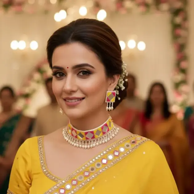 Pink And Yellow Mirror Work Necklace Set With Matching Earrings