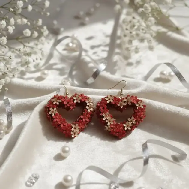 Red Floral Heart-shaped Earrings