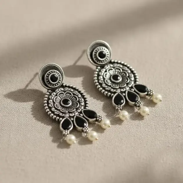 Stylish Black Stone Studded Earrings With Hanging Pearls