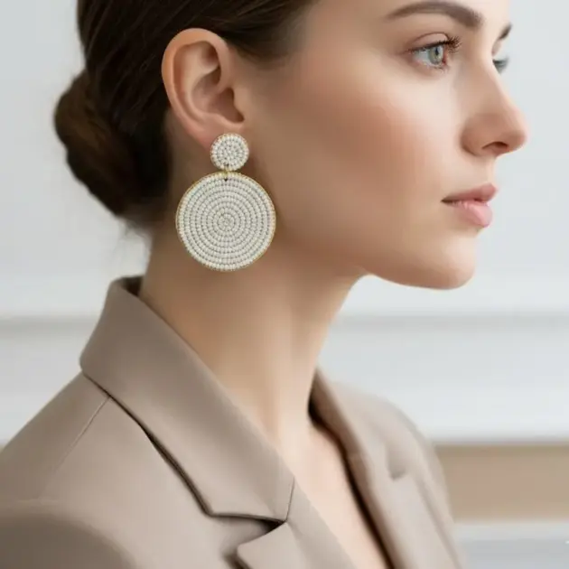White Circular Beaded Drop Earrings